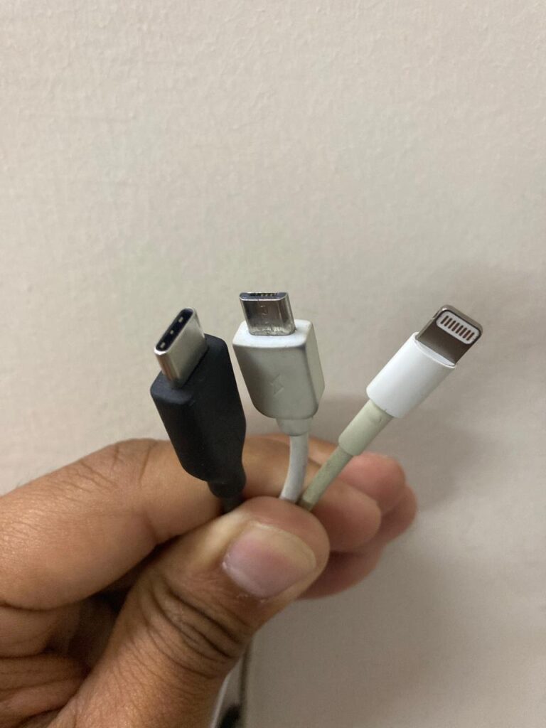 three different charging wires for different smartphone port.