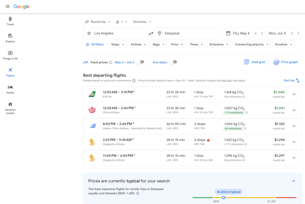 A user interface of Google Flights.