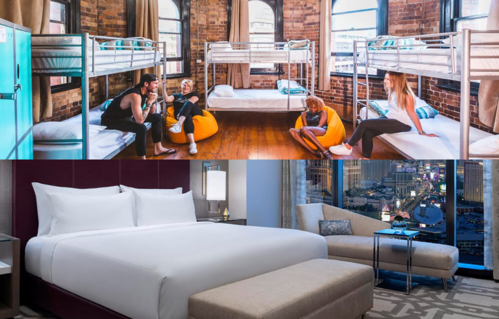 top photo is a room with 3 bunk beds while below photo is a hotel room.