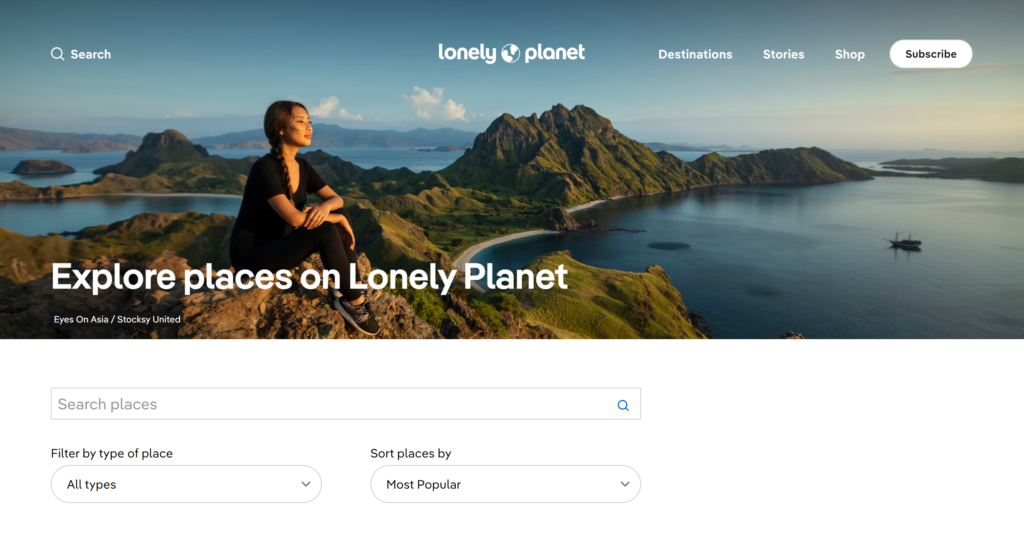 The lonelyplanet website landing page.