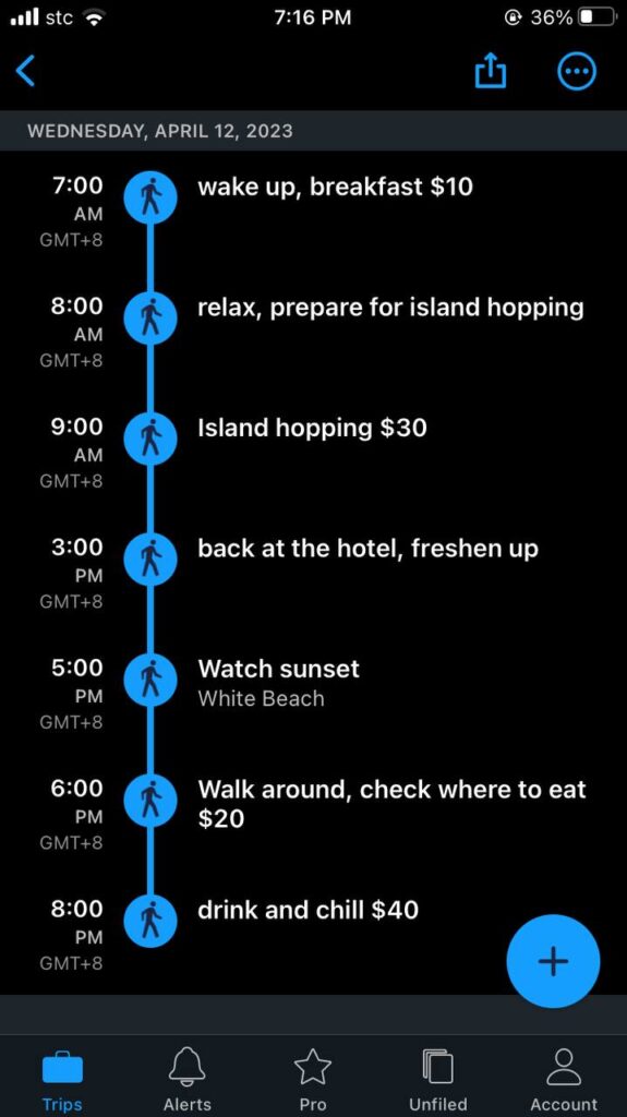 itinerary made in an app called Trip It.