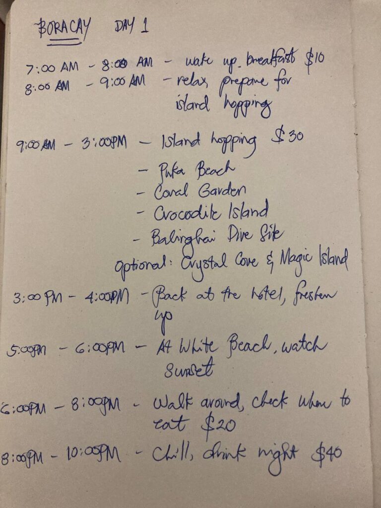 itinerary written on a paper