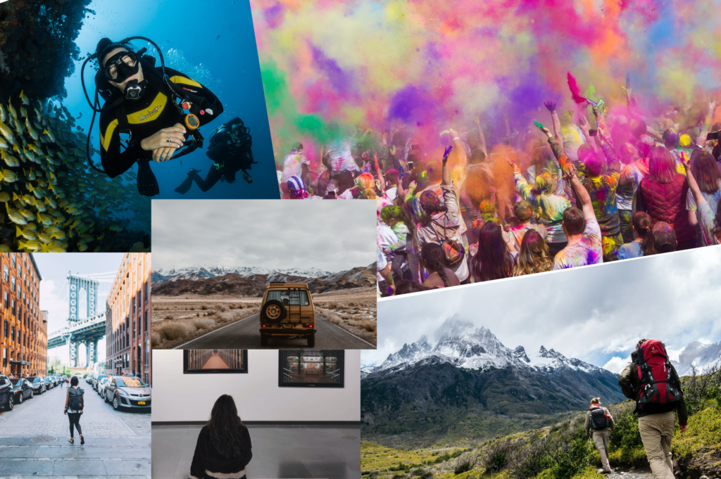 Activities like scuba diving, hiking, road trip, museums and hiking in one picture.