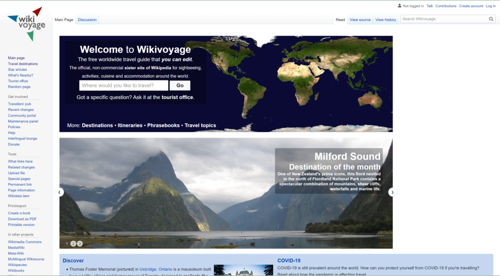 Wikivoyage travel website landing page.