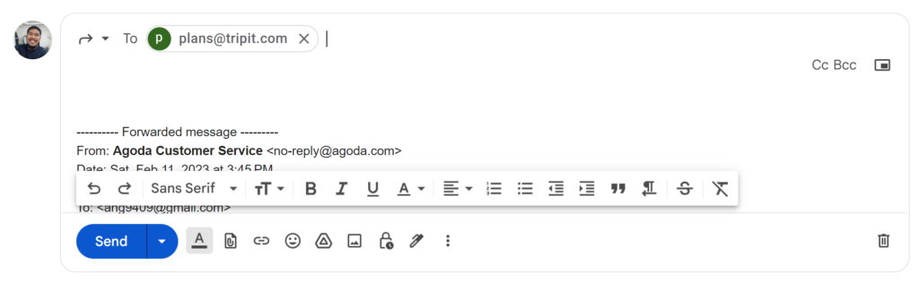 Forwarding my booking confirmation email to plans@tripit.com