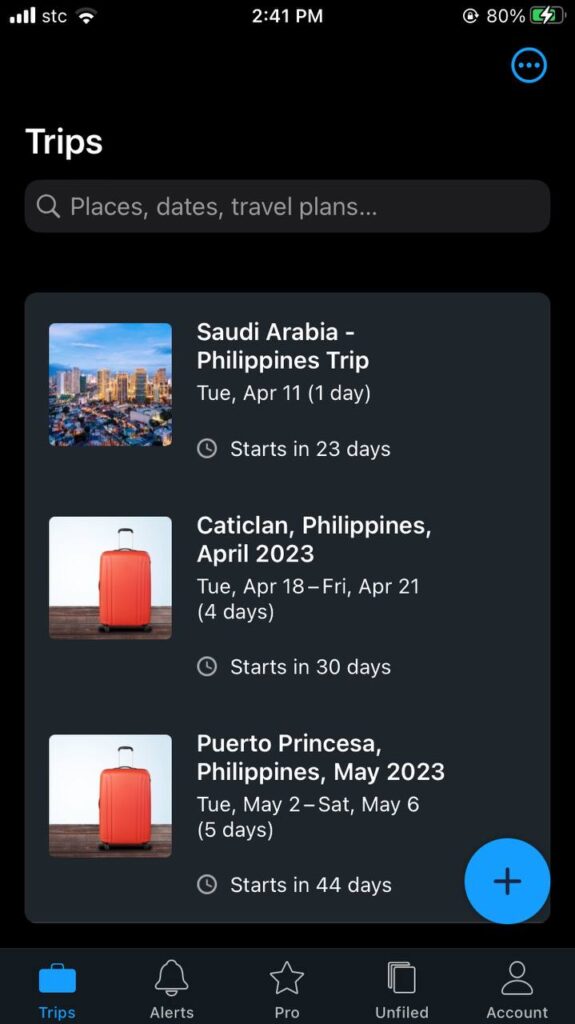 TripIt app Home section. 