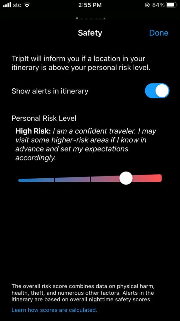 tripit app safety level feature.