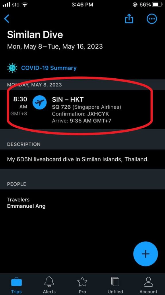 Select the flight activity after saving the details.