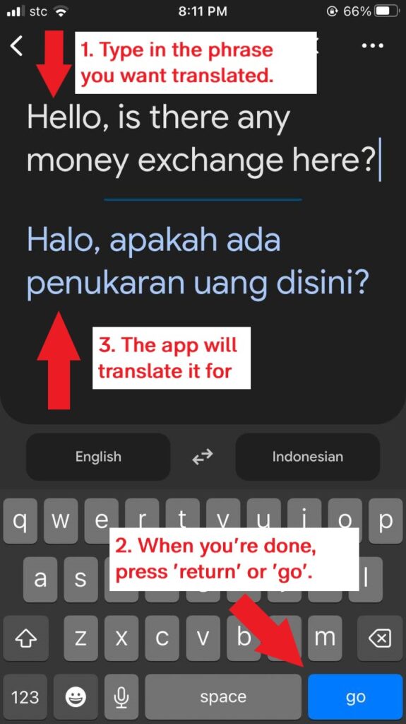 Instructions on how to use the google translate by entering a text. 