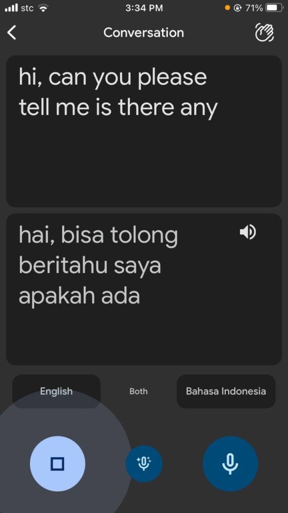Press the mic icon below that language you're speaking. In this case, it's English. Then, start speaking the phrase you want translated.