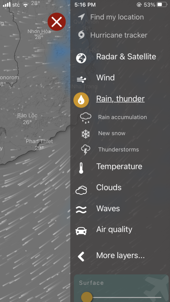 the list of weather phenomena that windy can show you.