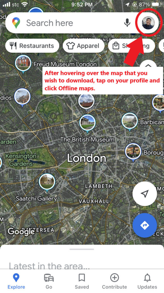 Hover over the maps and click on your profile. 