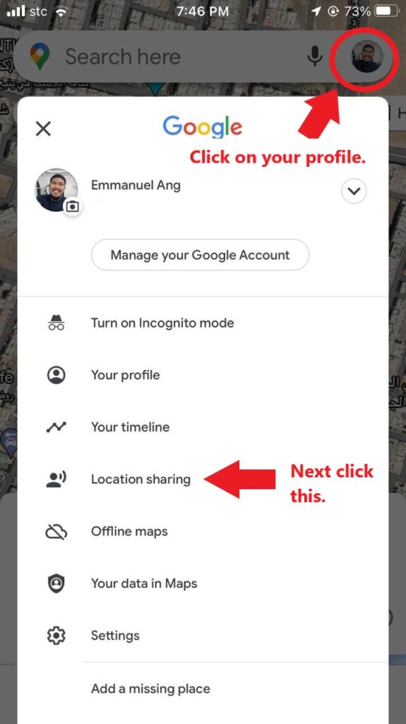 First, click on your profile. Then, click on Location sharing.