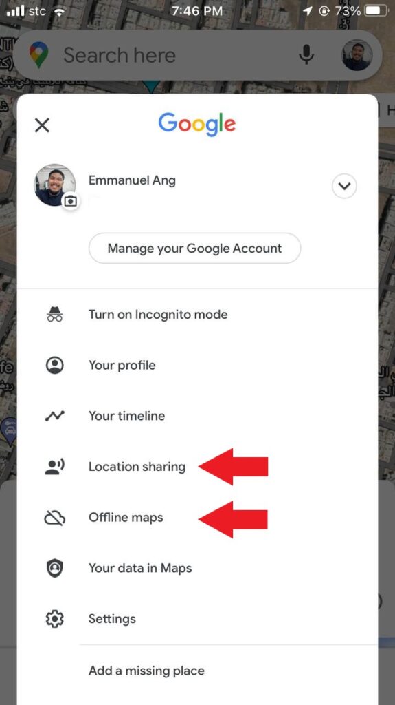 two notable features of Google maps as shown are the offline maps and location sharing.
