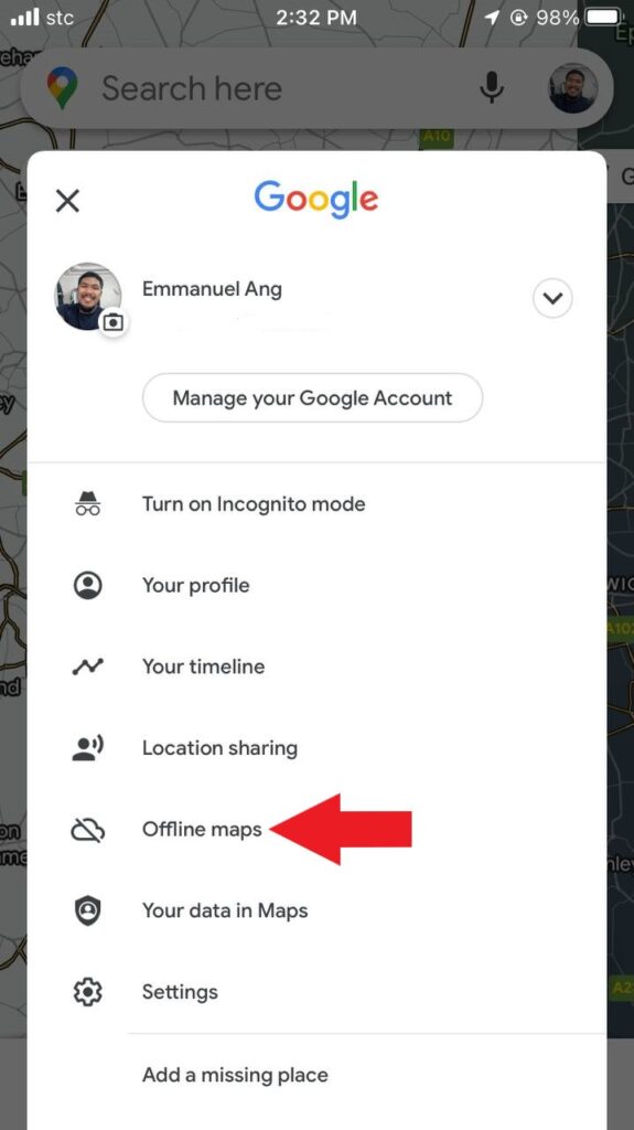 Click your profile and choose offline maps.